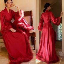 Luxus Frauen Satin Startseite Dressing Kleid Intimate Dessous Feder Braut Hochzeit Bodenlangen Robe Casual Nachtwäsche KimonoNightwear