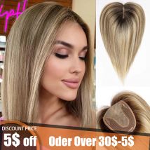 Brown Mixed Blonde Remy Human Hair Toppers Silk Base Clips in Straight 14 Inches Hairpieces Extension for Women 100% Human Hair