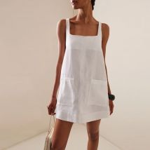 Sommer-Damen-Minikleid aus Leinen, 2025, schick, quadratischer Ausschnitt, ärmellos, lose Baumwolle, Leinen, Träger, Kleider mit Taschen, Vestidos