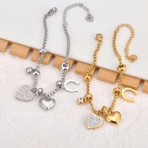 Lokaer Edelstahl-Charm-Armbänder mit Strasssteinen, Blumen-Herz, 18 Karat vergoldet, Zirkonia, Urlaubsschmuck für Frauen B25010