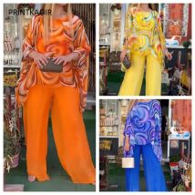 Damen Sommer neue Mode bunte Chiffon 3/4 Ärmel lange Hosen Set lässig Rundhals ausschnitt gedruckt zweiteilig Set für Frauen