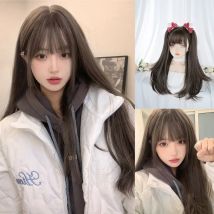 24Inch Cold Brown Synthetic Wigs With Bang Medium Natural Straight Hair Wig for Women Daily Use Cosplay Heat Resistant Lolita