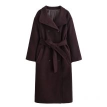 Women's Coat 2025 Autumn New Style Reddish-Brown Long Sleeve Coat with Belt Retro Design Unique and Fashionable