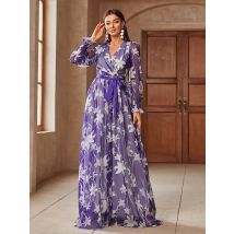 TOLEEN Frauen Bodenlangen Kleider Elegante 2024 Lila Druck Chiffon Kleid Mode Laterne Hülse Lange Stil Vestidos de Novia
