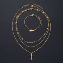 Einfaches Kreuz-Schmuckset mit mehrschichtigen Imitationsperlen-Halsketten, niedliches Armband, Alltagskleidung, Party-Geschenk, Modeschmuck
