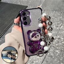 Luxury Bow Strap Bear Phone Holder Case For Samsung A17 A16 A36 A56 A15 A25 A35 A55 A14 A34 A54 Glitter Shockproof Stand Cover
