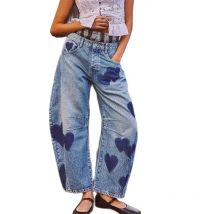 2024 mode Liebe Druck Dekoration Denim Hosen Frauen Lose Gerade Jeans Weibliche Casual Midi Taille Hose Neue Trend Streetwear