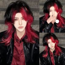 XIYUE Synthetische Lace-Front-Perücke für Männer, weiblich, kurzes Haar, schwarz, rot, Wolfsschwanz, farblich passend, hübsch, koreanisch, natürlich, flauschig, Netzrot