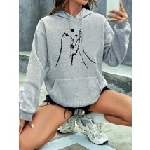 Kapuzenpullover für Damen, lässiges Kapuzen-Sweatshirt mit niedlichem, hochwertigem Katzenherzen-Grafikdruck, warmer Kapuzenpullover für Herbst und Winter