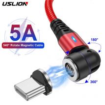 USLION Cable magnético USB tipo C rojo 540 giratorio 5A cables tipo C de carga rápida para Xiaomi Samsung POCO Cable cargador USB C
