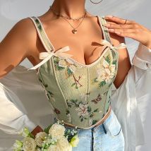 Frauen Vintage Blumen Leibchen Blume Stickerei Muster enge Weste Kordel zug Krawatte Tank Top Hosenträger Bustier Korsett Tops