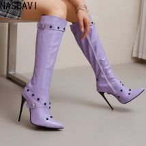 NASBAVI Kniehohe Stiefel für Damen, sexy spitze Zehen, Herbst-Winter-Schuhe, langer Stiefel mit Absatz, Damen-Party-Tanzschuhe, große Größe 45