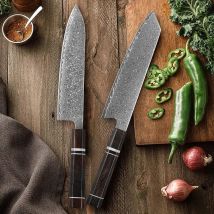 8-Zoll Küchenmesser-Set aus 67-lagigem Damaszener Stahl, Scharfes Kochmesser für Fleisch und Gemüse mit Ebenholzgriff