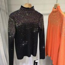 Luxuriöse Glitzernde Strass-Pullover für Herbst und Winter, Damen Langarm-Stehkragen-Strickwaren, Modische Oberteile