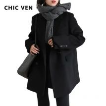 CHIC VEN Frauen Wolle Mischung Mantel Solide Mid Lange Woolen Blazer Dicke Warme Bluse frauen Mantel