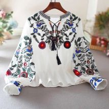 Damen-Retro-Bluse, nationaler Stil, bestickt, mit Schnürung, Quaste, V-Ausschnitt, Laternenärmel, Oberteile, lockere All-Match-weibliche Blusa A21