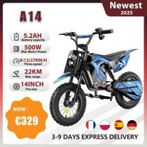 Elektryczny motocykl crossowy dla dzieci A14, 500W, 5.2Ah, prędkość maksymalna 27 km/h, 14-calowe koła, do jazdy terenowej i off-road.