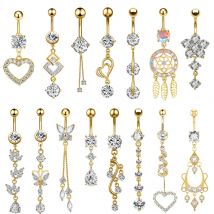 Herz Schmetterling Gold Farbe Baumeln Nabel Piercing für Frauen Zirkon Anhänger Bauchnabel Ring 14G Edelstahl Bauch Schmuck