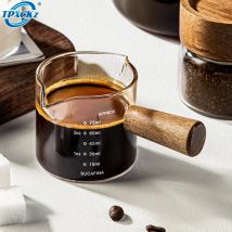 Espresso-Messbecher aus Glas mit Holzgriff, Doppel-/Einzelöffnung, Milchkännchen, hitzebeständig, Kaffee-Schnapsglas, Maßbecher