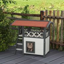 PawHut Casa para Gatos de Madera 77x50x73 cmcon Techo Asfáltico Escalera Blanco