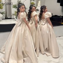 OIMG Champagne O Neck Flower Girl Dresses Puff Sleeves Long Wedding Party Dress Birthday فساتين اطفال Customized