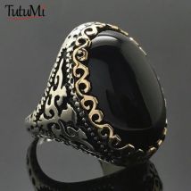 Vintage-Ring aus Silber 925, Thai-Silber, schwarzer Zirkon-Ring, übertriebener Gänseei-Trennring, Geschenke für Frauen