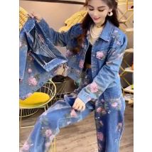 Frühlings trend High Street Style Damen lange Hosen Denim Set Mode jacke hohe Taille lose Jeans Damen anzug Herbst