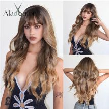 Brown Wavy Synthetic Wigs for Women Long Ombre Wig with Bangs Soft Fluffy Fake Hair High Temperature Fiber Daily Party Wear