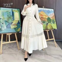 Vgh elegante schicke Patchwork-Spitzen kleider für Frauen stehen Kragen Langarm hohe Taille gespleißt einreihig Kleid weiblich neu