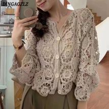 Retro Haken Blume Aushöhlen Tops Mode Langarm Stickerei Strickjacke Hemd Süße Frauen Bluse