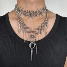 Handmade Punk Rock Piercing Spike Exaggerated steel ring tassel for Women Men Fashion Rivet Necklace Sweater Chain Accessories