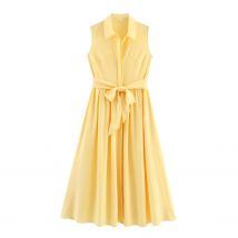 Frauen Elegante Gelbe Hemd Kleid Frauen Revers Taste Spitze Up Gefaltete Lange Kleider Sommer Mode Dame Pendeln Vestidos 4043072