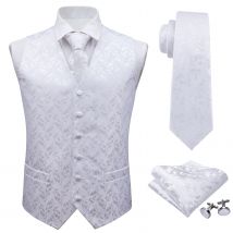 Barry.Wang Mens Classic White Floral Jacquard Waistcoat Vests Handkerchief Party Wedding Tie Vest Suit Pocket Square Set