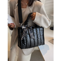 Elegant Women's Totes Bag with Silk Scarf Accent Quilted Crossbody Bags for Women Casual Solid Color Padded Women's Shoulder Bag