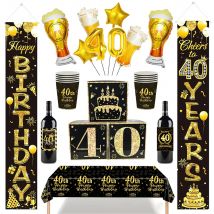 40th Happy Birthday Banner Decor for Men Women Cheers to 40 Years Happy Birthday Porch Sign Black Gold Party Tableware Supplies