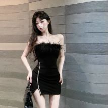 Strapless Dress Women Feather Collar Beaded Slit Birthday Party Wrapped Dresses