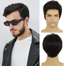 Parrucche nere da uomo Parrucca da uomo sintetica soffice a strati naturali con parte laterale corta per cosplay di Halloween per feste quotidiane con cappuccio per parrucca