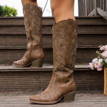 Women Retro Western Embroidered Cowboy Boots - Pointed Toe High Block Heel Faux Cover with Fabric Lining &amp TPR Sole Zipper C