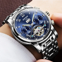 KINYUED vollautomatische mechanische Uhr, skelettierte mechanische Herrenuhr, Tourbillon-Herrenuhr