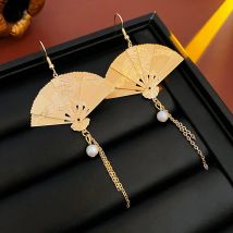 Chinesische Retro geschnitzte Phoenix faltbare Falt fächer Handing Ohrringe für Frauen ohne Piercing Moskito Coil Clip Quaste Ohrringe