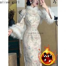 Winterkleid Cheongsam Traditionelle chinesische Kleidung Qipao 2024 Herbstkollektion mit samtwarmem Schmetterlings-langes Kleid Elegant
