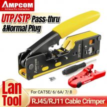 AMPCOM RJ45 RJ11 Strumento di crimpatura passante per connettori modulari Ethernet Cat7/6A Cat6/5 con spelafili e lama di ricambio