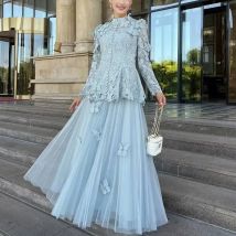 Summer Two Piece Set Women Embroidery Long Dresses Lace Blouses Tulle Maxi Skirts Suits 3D Butterfly Luxury Formal Evening Dress