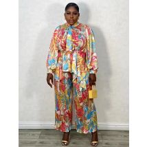 Ein Retro-geometrisch bedrucktes, lockeres Hemd mit Schleifenkragen, zweiteiliges Set und lockere Hose mit weitem Bein, modisches Set für den Herbst 2023