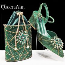 Queena Yan Set aus Abendschuhen und Taschen im neuen Stil, bequeme Schuhe mit dickem Absatz und ovaler Standtasche, kommt mit Metall-Doppelkette