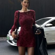 Sexy Wine Red Dresses Women Autumn New O-Neck Streetwear Fashion Print Long Sleeves Dresses Lady Knitted Pullover Clothing Dress