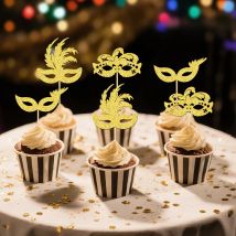 NUBECOM 24Pcs Masquerade Masks Cupcake Toppers Glitter Bachelorette Party Cupcake Picks Masquerade Mardi Gras Cake Decorations