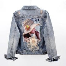 Damen-Jeansjacken, Pailletten mit Strasssteinen, Lochverkauf, geraffte Taille, Druck, Grafik, schmale Diamanten, weibliche Jeansmäntel, zerrissen