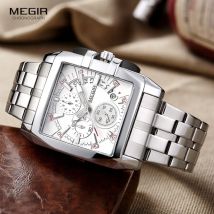 MEGIR-reloj analógico de acero inoxidable para hombre, accesorio de pulsera de cuarzo resistente al agua con cronógrafo, complemento masculino de marca de lujo con esfera luminosa de tres ojos,