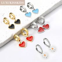 LUXUKISSKIDS Y2K czerwone czarne kolczyki w kształcie serca śliczne akrylowe srebrne/złote kolor stal nierdzewna romantyczna miłość zwisająca biżuteria